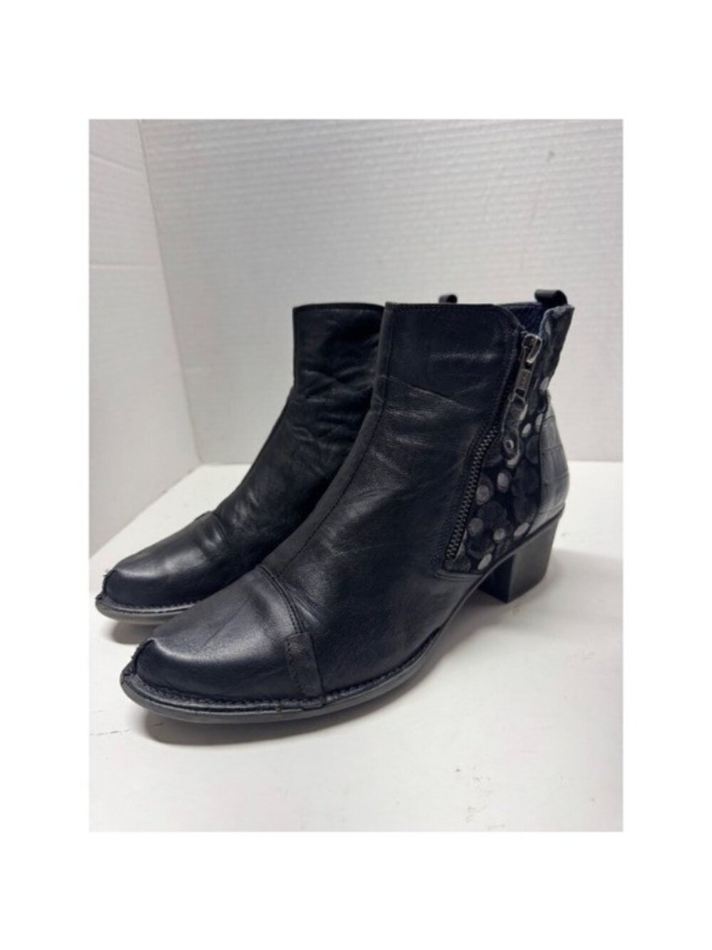 Dorking by Fluchos Black Leather Mixed Media Ankle Boots Spain Size 37 6.5